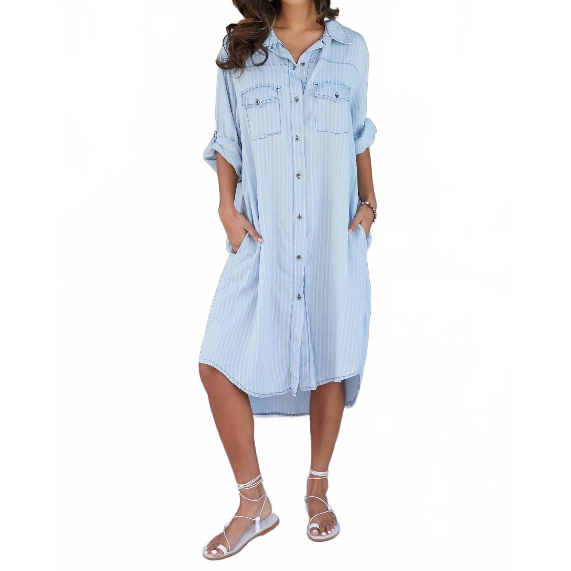 New Milio Milano Italian Lyocell Stripe Button Down Dress In Denim Blue